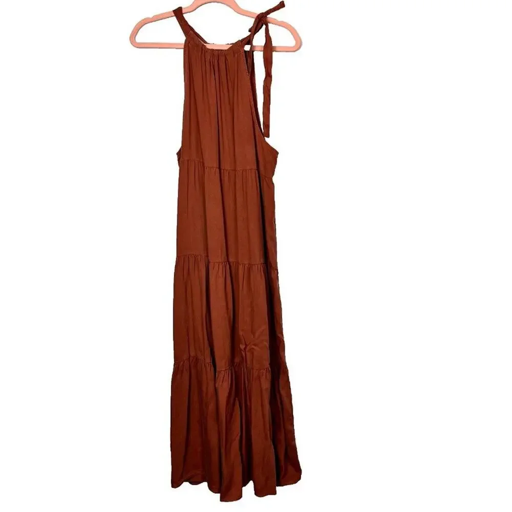 Cloth and Stone Dress Size M Halter Midi Orange Lyocell Neck Tie Tiered Flounce